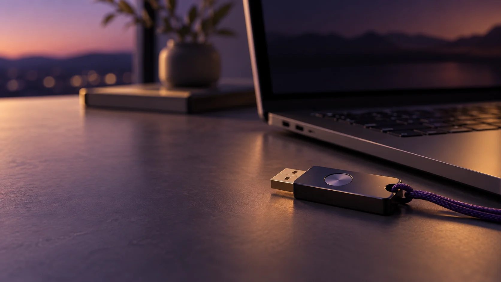 Hardware security key beside a laptop in a calm, low-lit workspace
