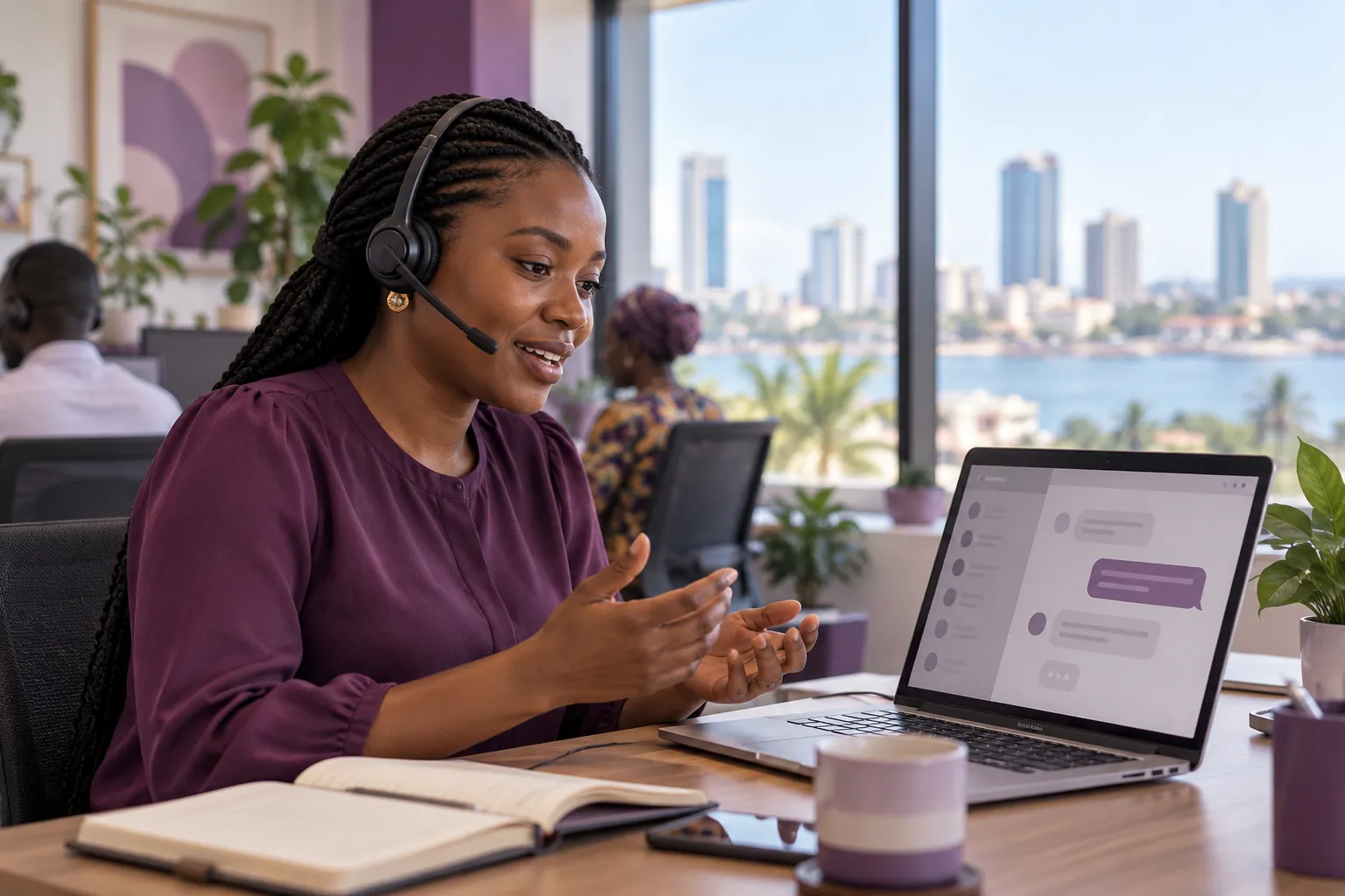 A Tanzanian support specialist reviewing a customer conversation at a laptop
