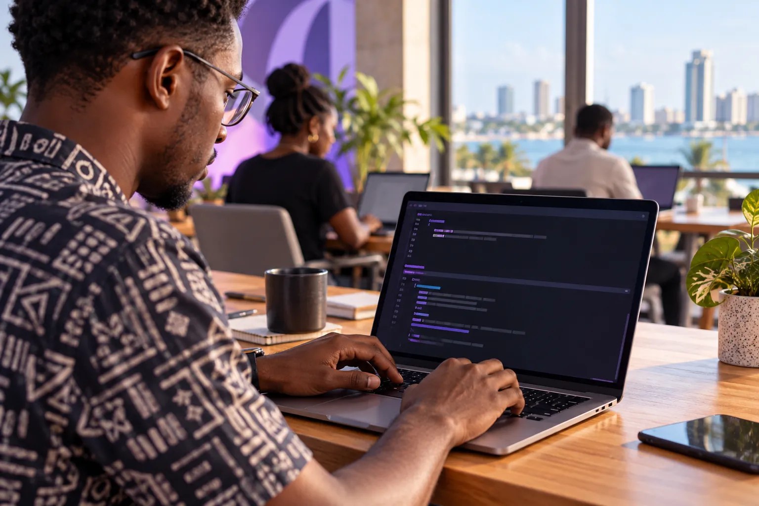 A developer working through an API integration at a desk in Dar es Salaam