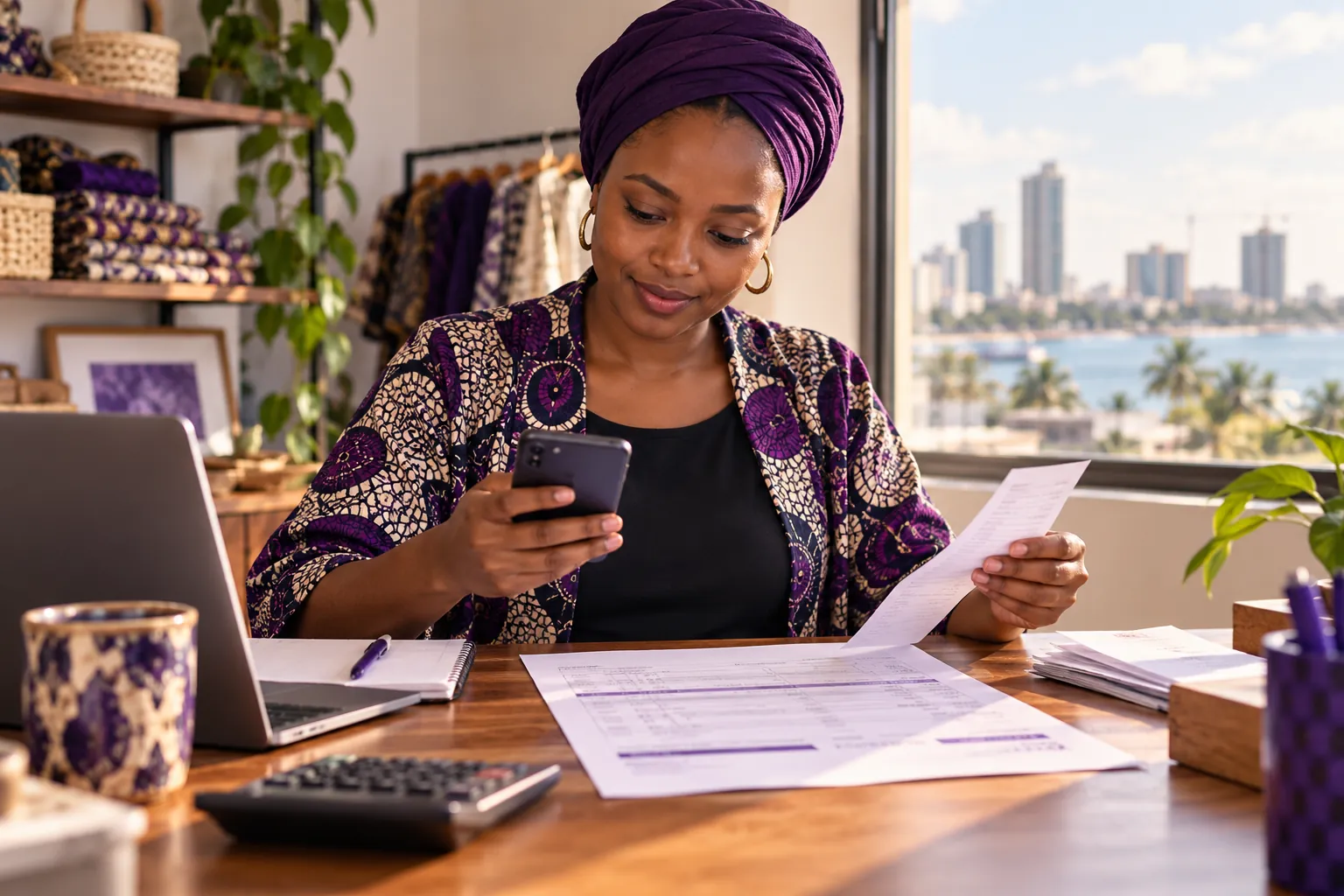 A Tanzanian small-business owner reviewing a printed invoice with a phone