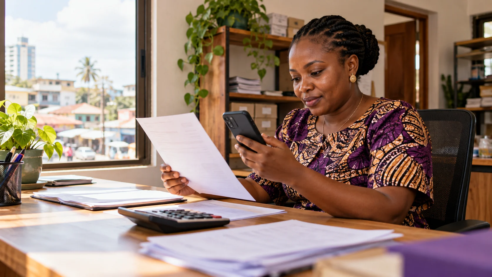 Tanzanian business owner reviewing a paper invoice with a phone