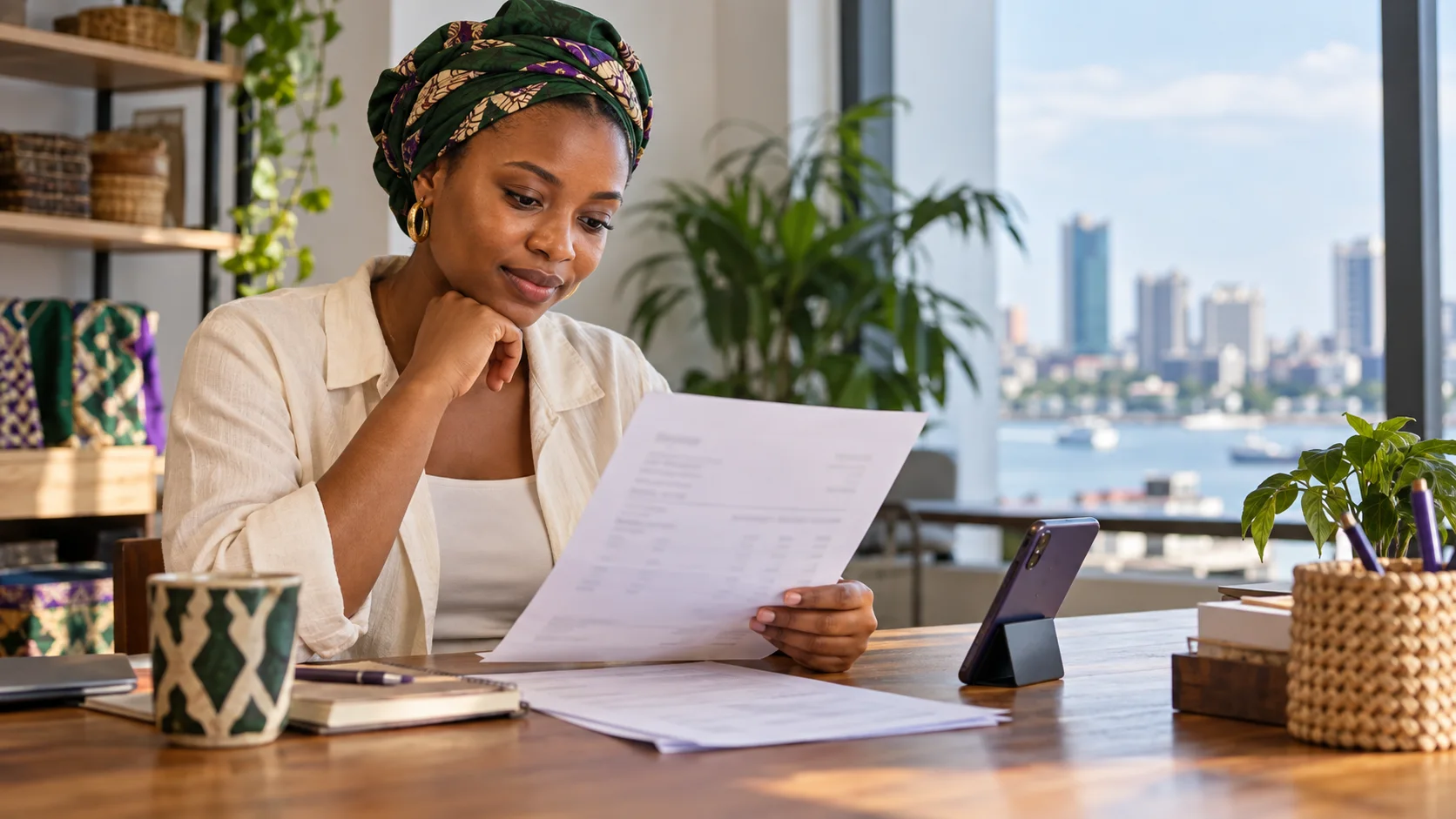 A Tanzanian small-business owner reviewing an invoice beside a phone