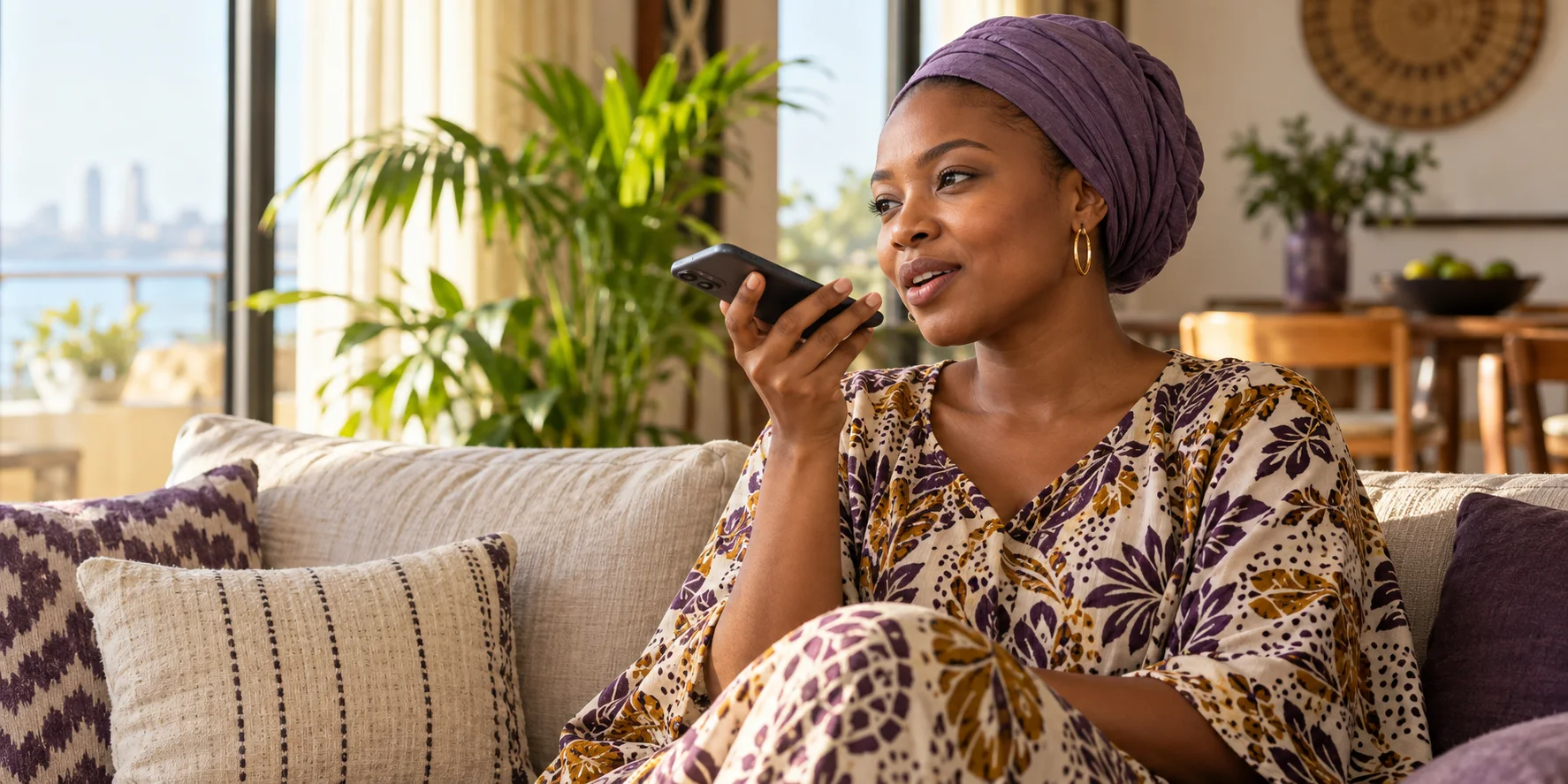 A Tanzanian woman speaking naturally to her phone at home