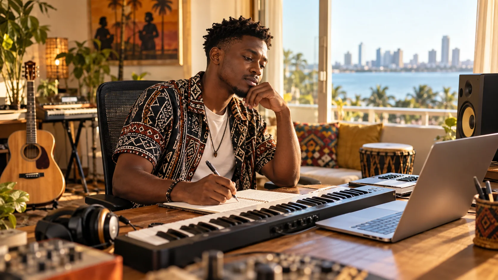 A Tanzanian male music creator writing a music idea in his sunlit home studio