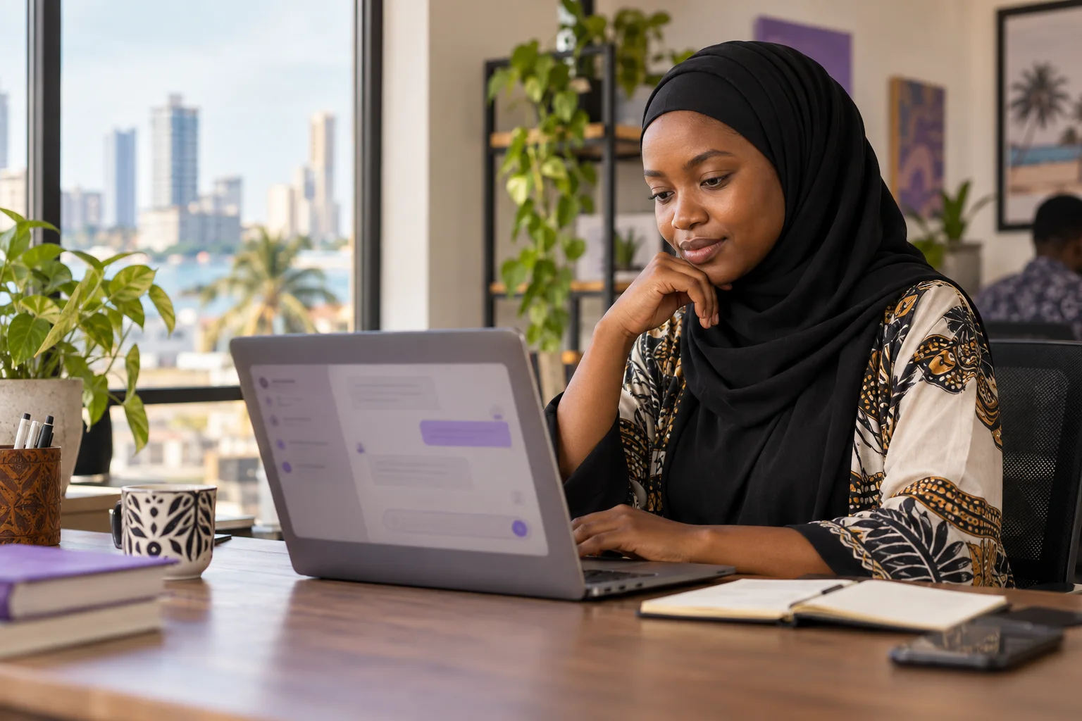 A Tanzanian support specialist reviewing an AI-assisted conversation draft