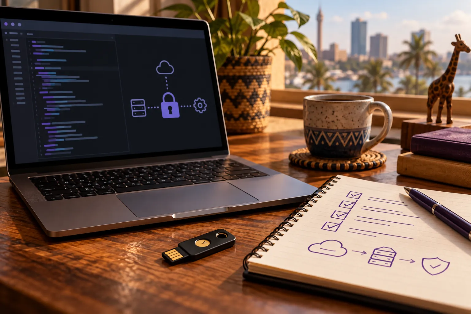 A laptop beside a hardware security key and a deployment checklist