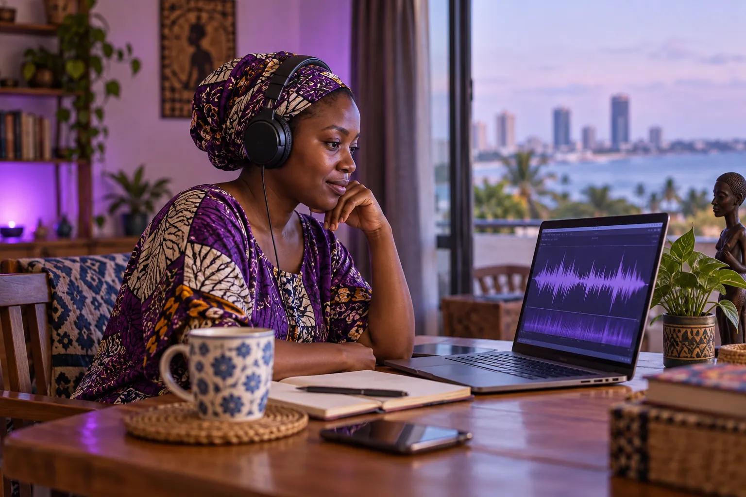 A Tanzanian researcher listening to an audio recording while reviewing a laptop waveform