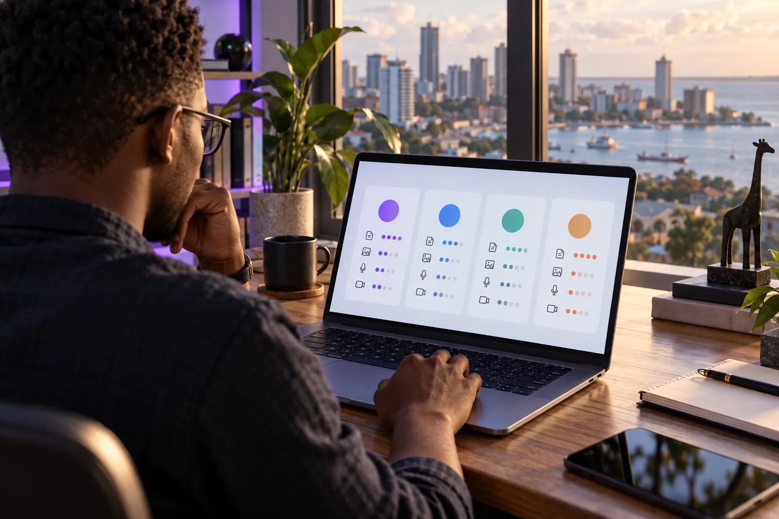 A Tanzanian developer comparing abstract model capability cards on a laptop
