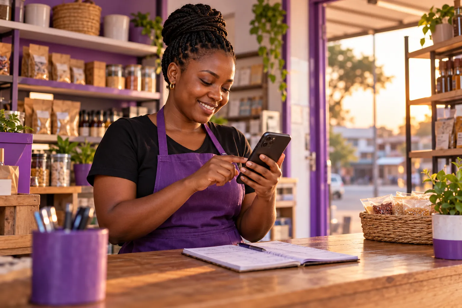 A Tanzanian entrepreneur checking a payment on a phone beside a paper ledger