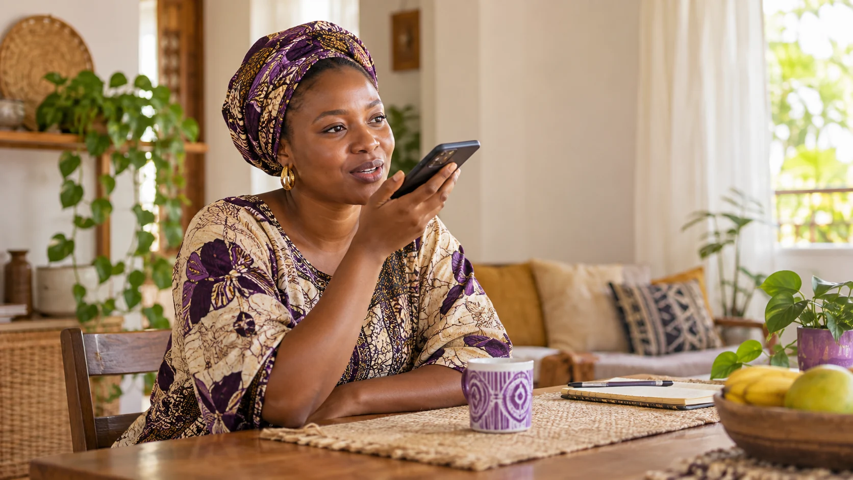 Tanzanian woman speaking naturally to her phone at home