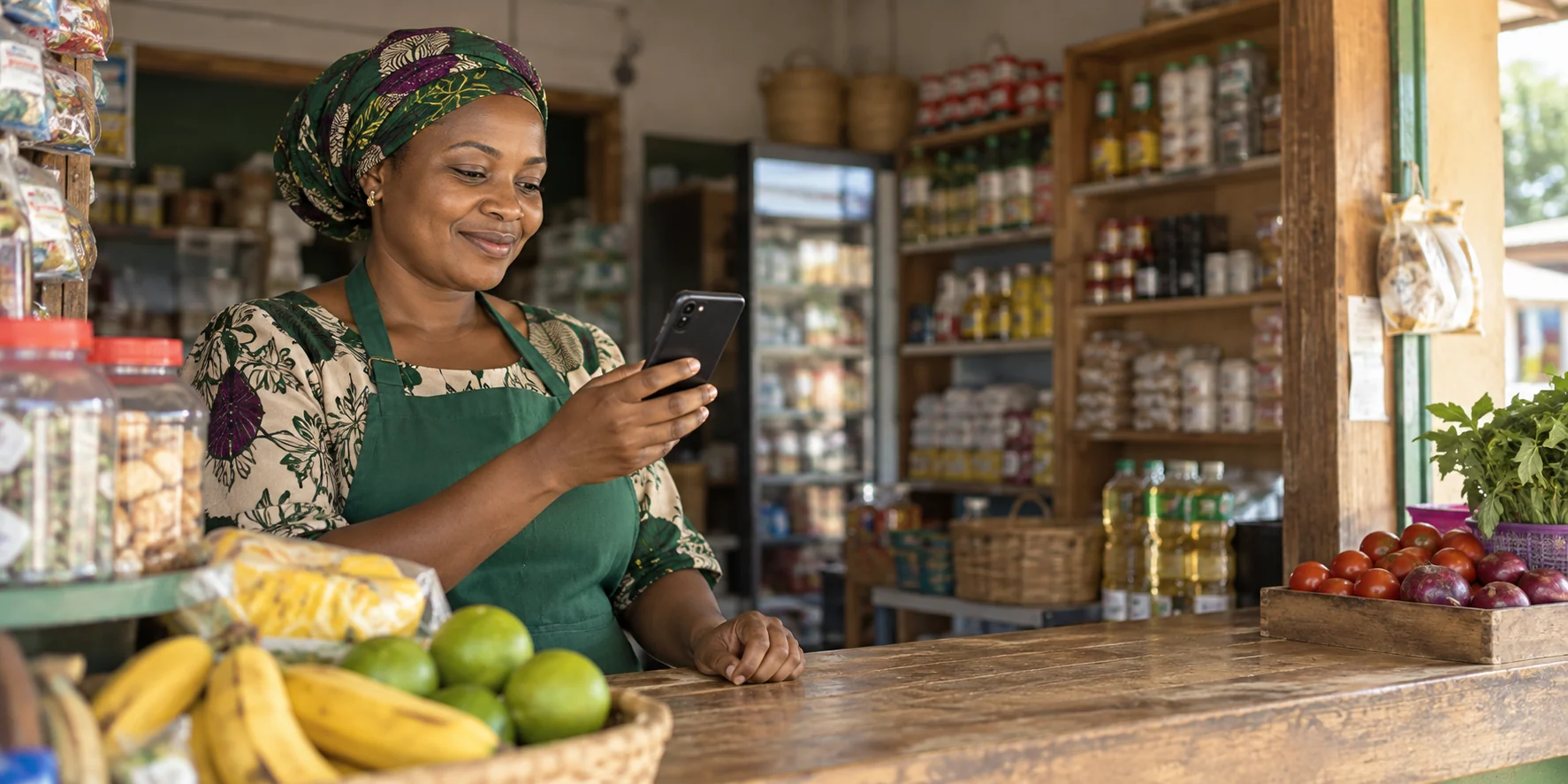 Tanzanian shopkeeper reviewing a mobile-money payment on a phone